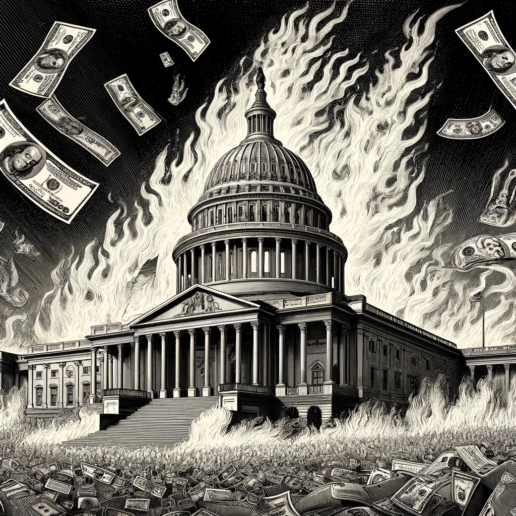 Le Capitole avec en arrière-plan des flammes et des billets de dollar qui tombent comme de la pluie.