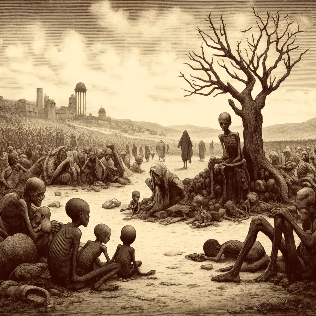 L'image montre un paysage désolé avec des figures émaciées, adultes et enfants, représentant des régions comme Gaza, Haïti et l'Afrique australe. Ces figures sont rassemblées autour d'un arbre stérile, symbolisant la rareté de la nourriture. Le ciel couvert ajoute à la morosité de la scène, tandis que des contours flous de bâtiments gouvernementaux en arrière-plan impliquent les pouvoirs politiques distants et détachés responsables de la crise. Cette image puissante capture l'essence de la tragédie et l'échec moral du monde moderne à répondre à la faim.