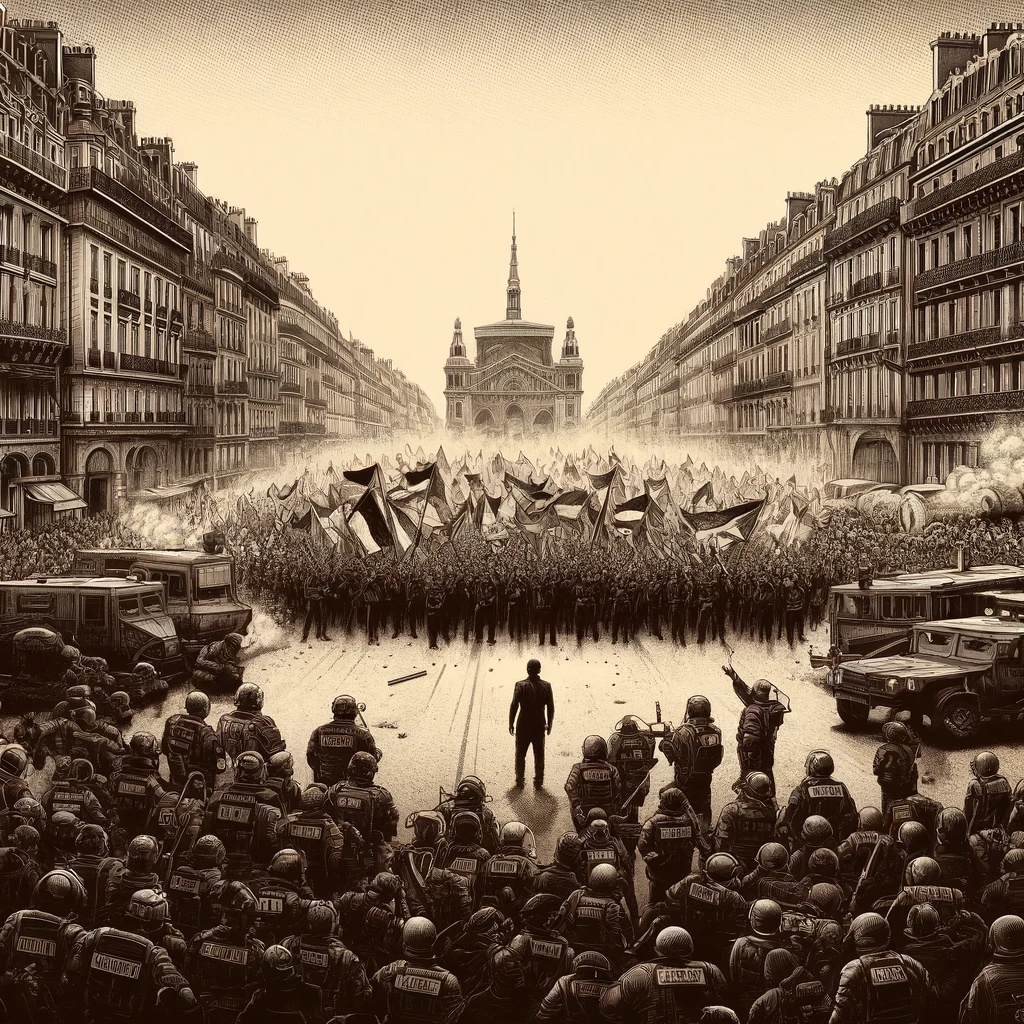 L'image capture une grande manifestation pacifique sur un boulevard urbain, avec des confrontations tendues entre la police en équipement antiémeute et les manifestants, illustrant la répression brutale.