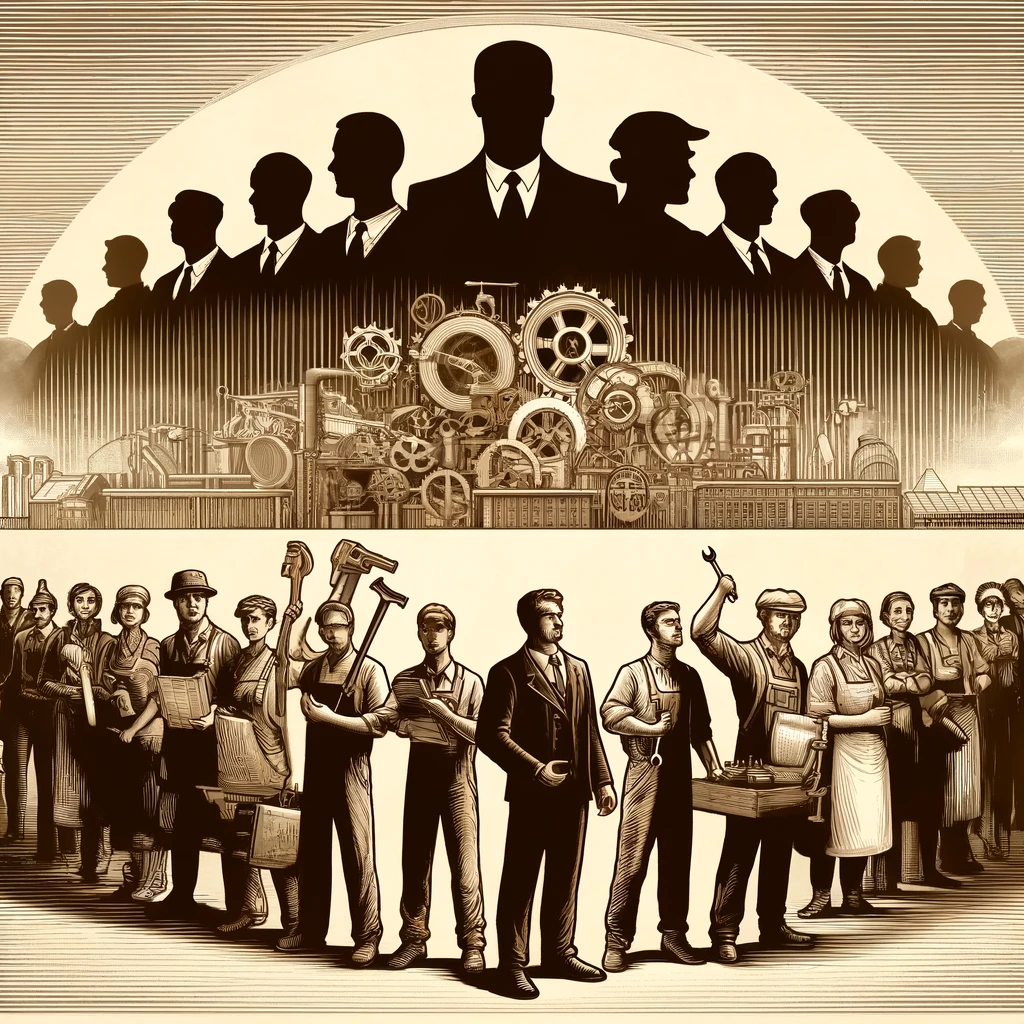 L'illustration montre un groupe diversifié de personnes tenant des outils ou des équipements liés à leurs professions variées, symbolisant le marché du travail. Ces individus se tiennent devant une grande usine stylisée qui représente la croissance industrielle. En arrière-plan, des silhouettes floues en costumes suggèrent subtilement l'influence des politiques étatiques et des stratégies économiques. L'ensemble est animé, illustrant à la fois les promesses et les défis du marché du travail sous les politiques gouvernementales