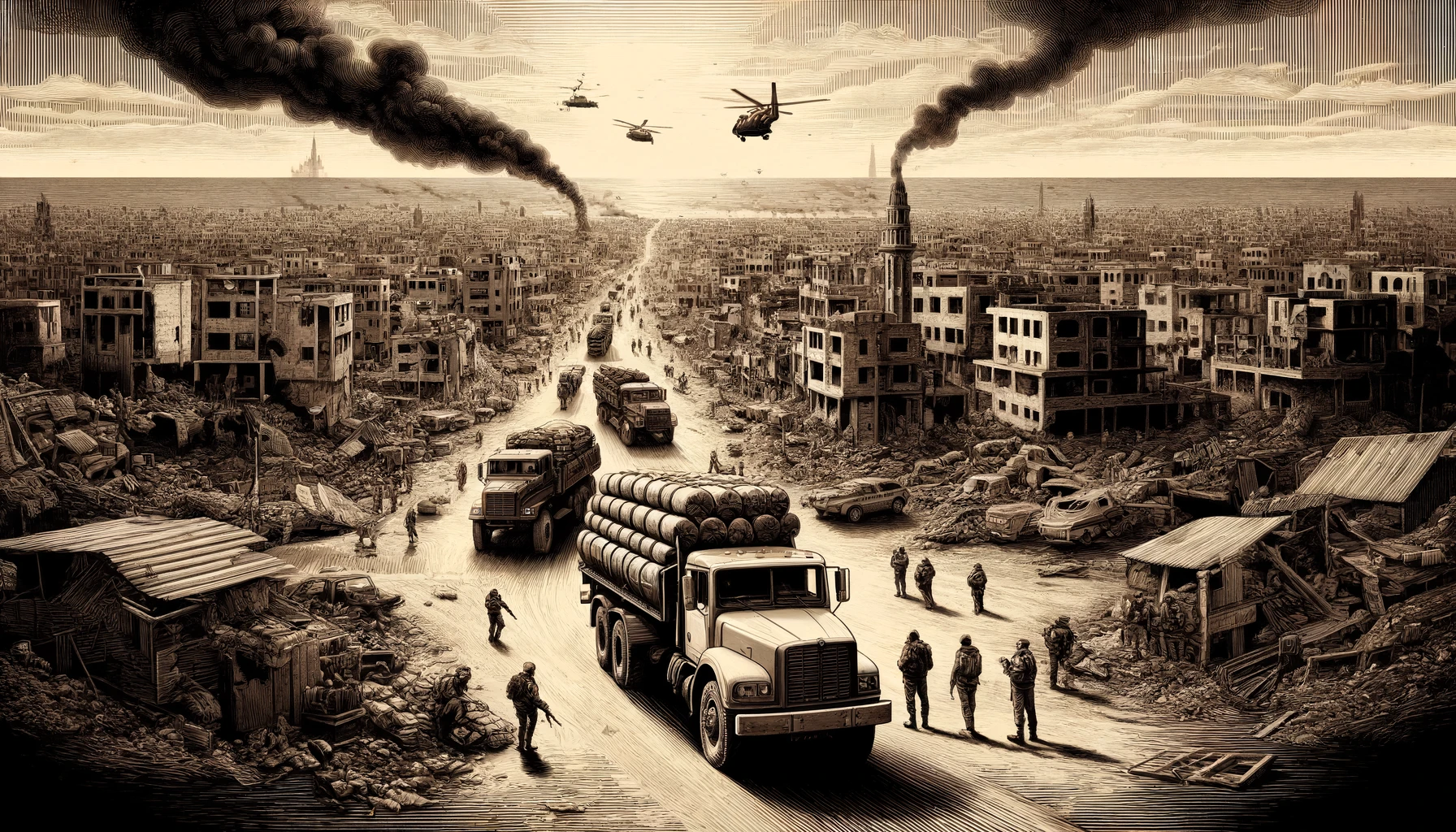 Cette scène dramatique met en évidence la complexité et la tragédie du conflit, avec un convoi humanitaire entrant dans une ville dévastée, entouré de destructions et de violences.