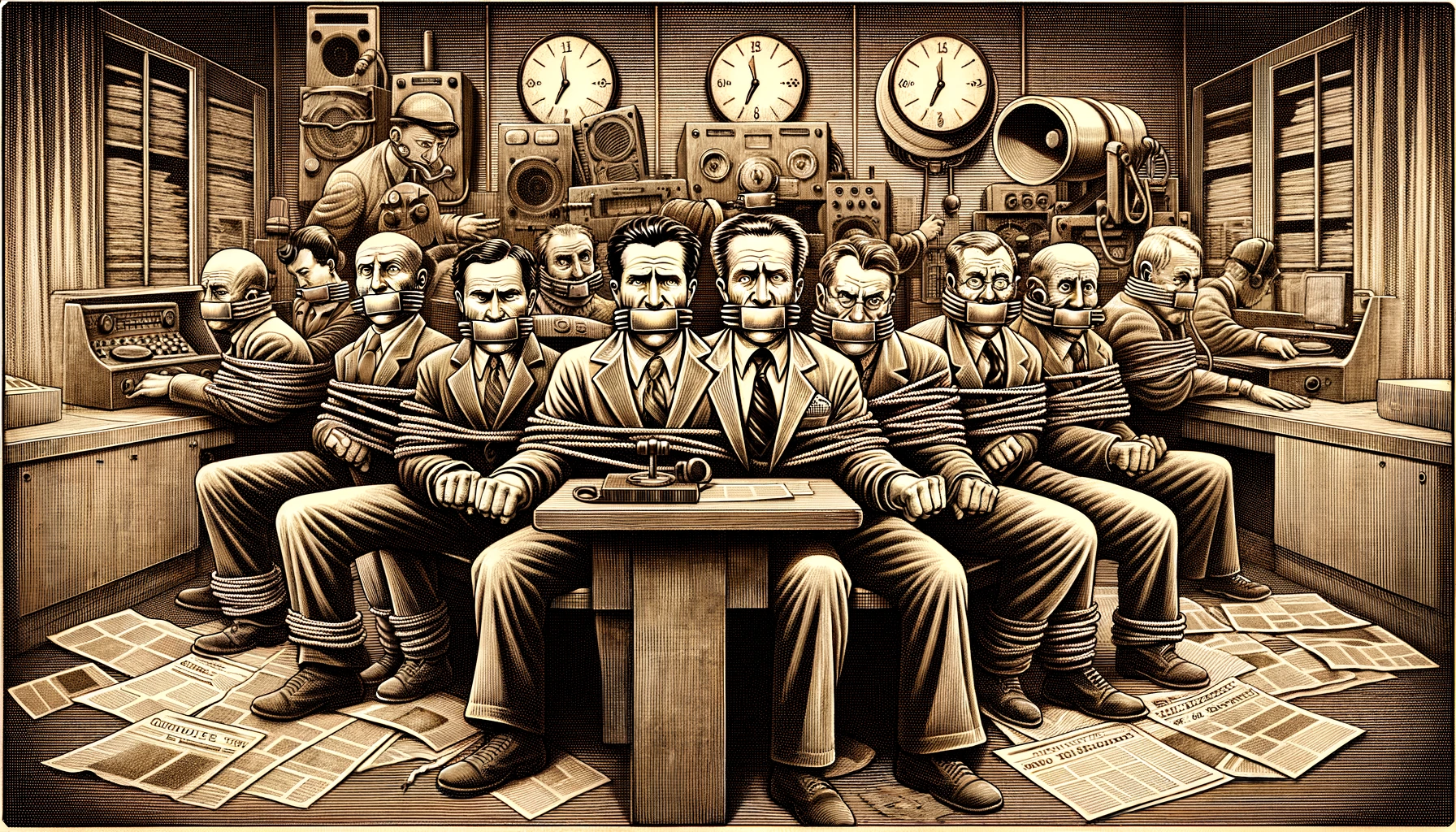 Voici une illustration en gravure ton sépia et format large montrant des animateurs de radio bâillonnés dans un studio, symbolisant la répression et la censure des médias.