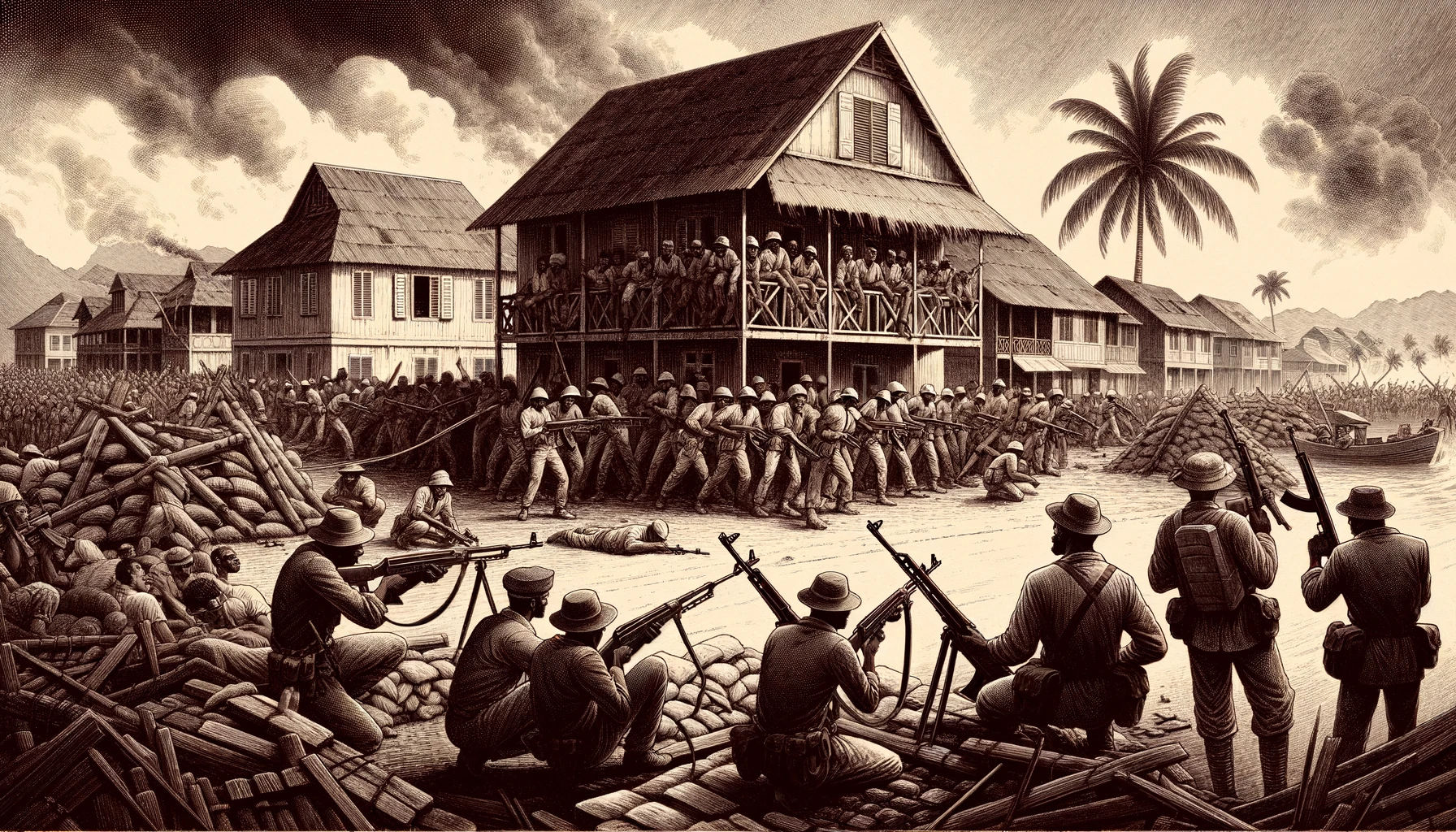 L'image dépeint une scène tendue et violente, reflétant l'atmosphère oppressive de la violence coloniale.