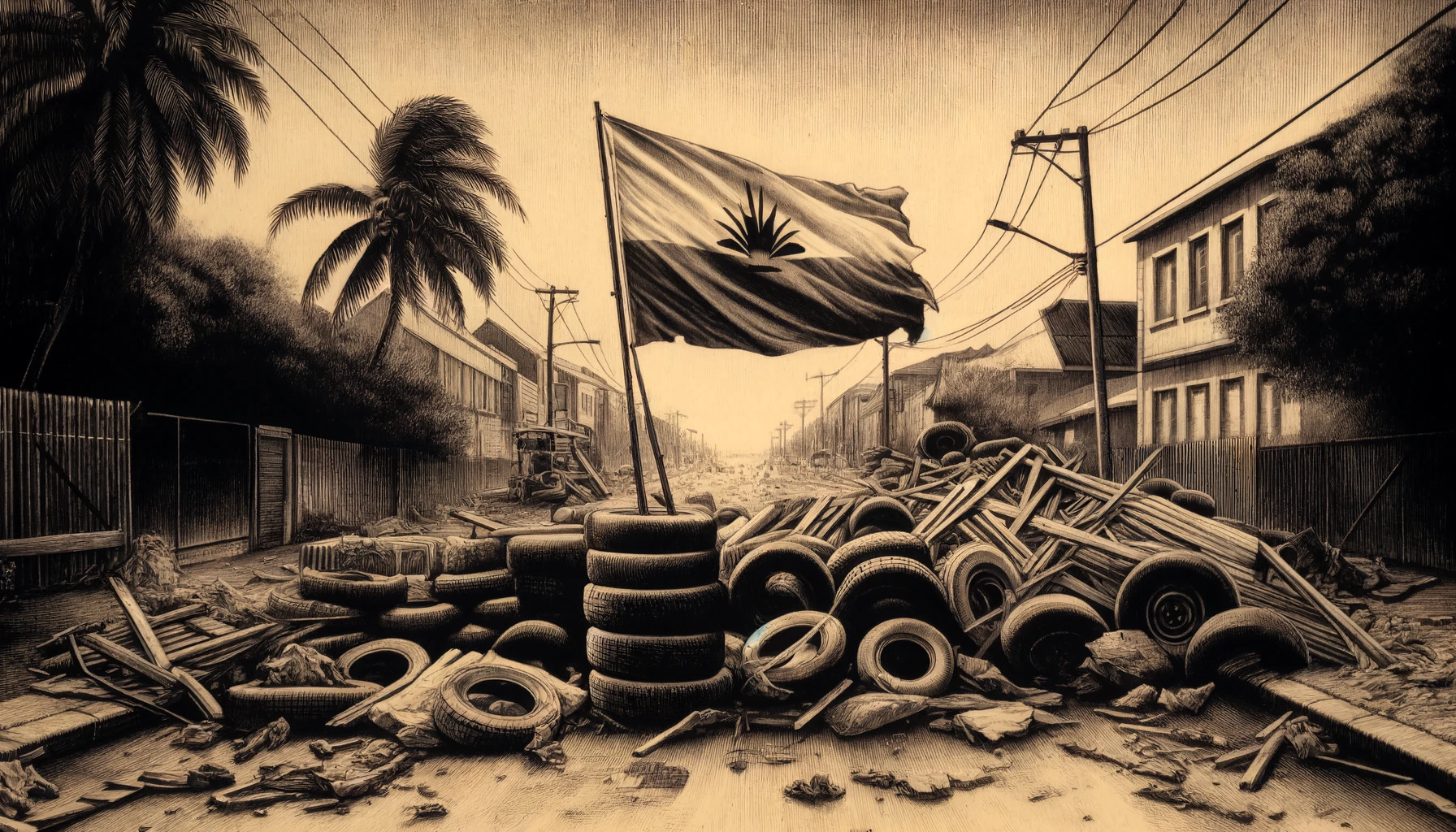illustration en ton sépia enrichi de nuances jaunes, représentant une barricade déserte dans une rue de Nouméa, Nouvelle-Calédonie, avec le drapeau de la Nouvelle-Calédonie flottant au-dessus. L'image capture une atmosphère solennelle et dramatique, avec des bâtiments et des palmiers en arrière-plan.