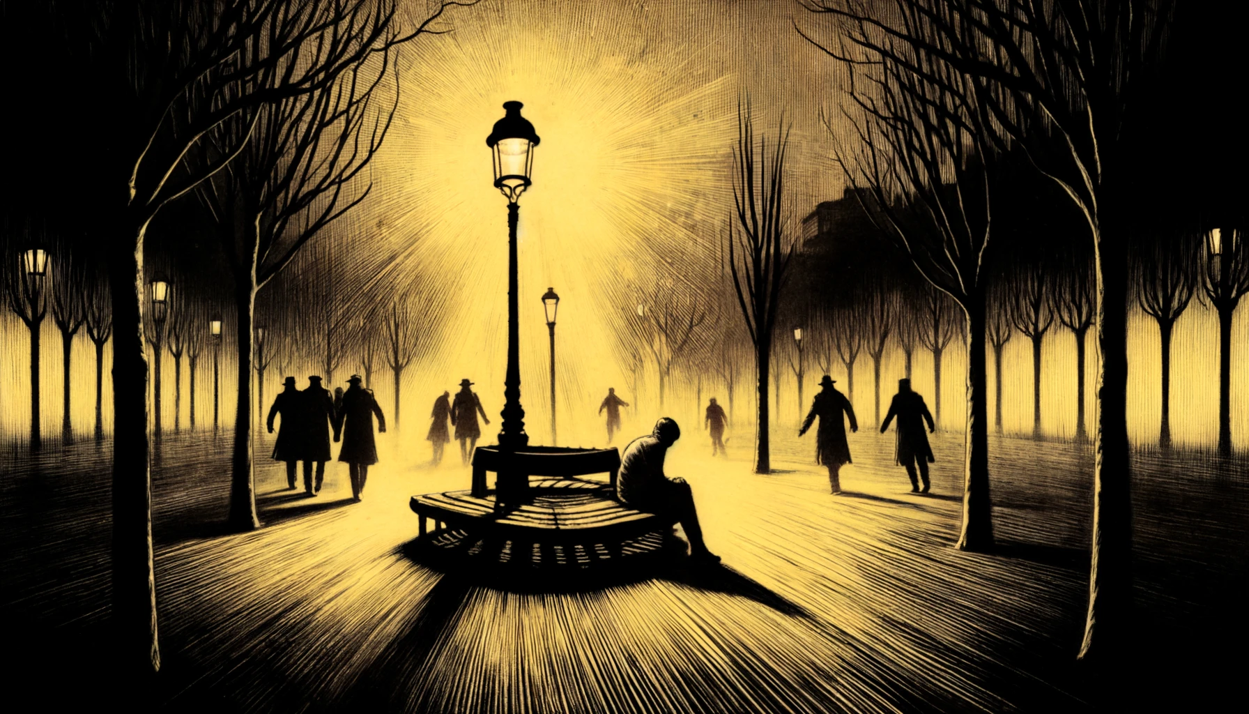 La scène montre une silhouette solitaire sous des lampadaires, entourée de figures menaçantes, capturant l'urgence et la gravité de la situation.