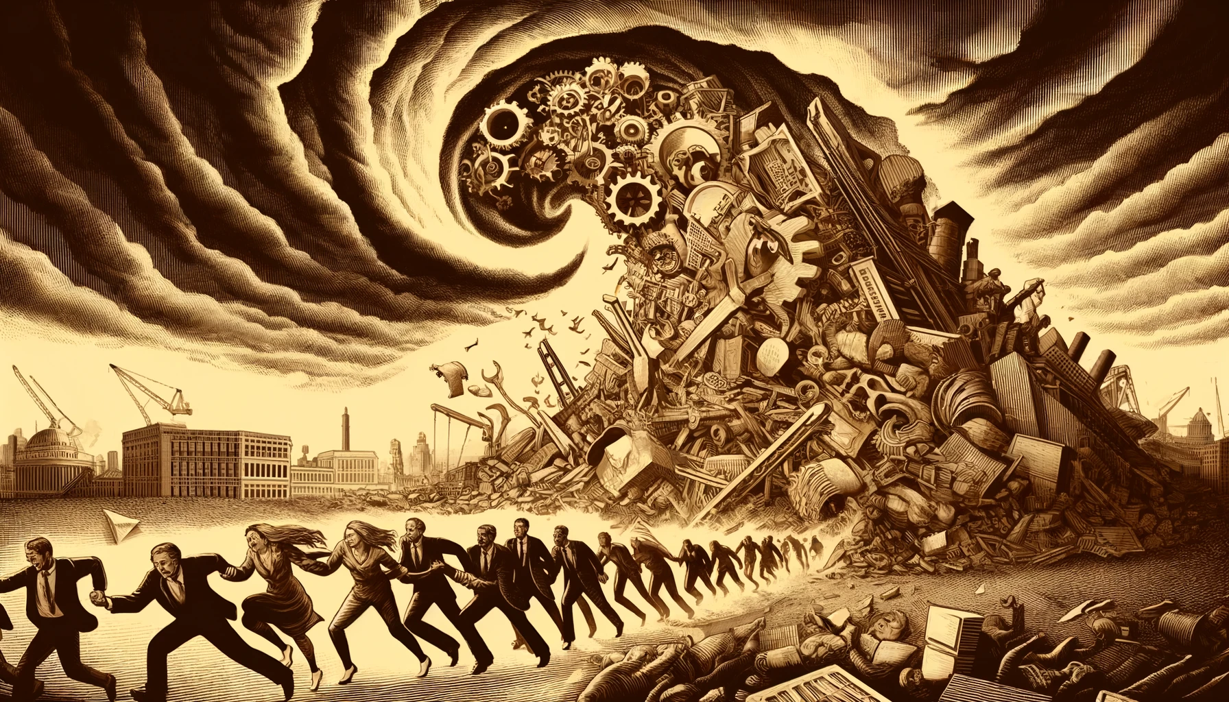 L'image représente de manière dramatique les forces néolibérales déchirant les symboles des bénéfices sociaux comme la santé, l'éducation et les droits des travailleurs, avec des individus diversifiés tentant de retenir les morceaux de ces structures sociales.