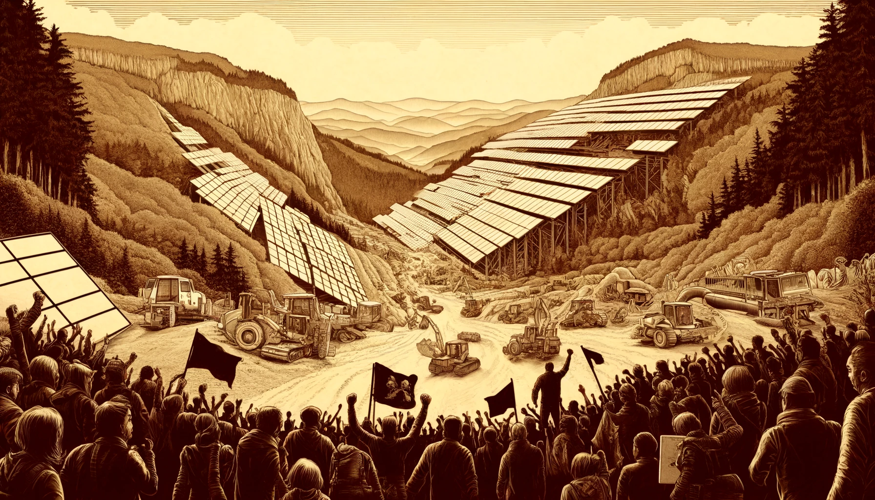 Cette version offre une vue panoramique, capturant une scène de triomphe écologique. Les activistes environnementaux sont au premier plan, célébrant leur victoire avec des banderoles et des poings levés. L'arrière-plan montre le chantier interrompu, avec des bulldozers abandonnés et des panneaux photovoltaïques, intégrés dans le paysage naturel luxuriant de la montagne