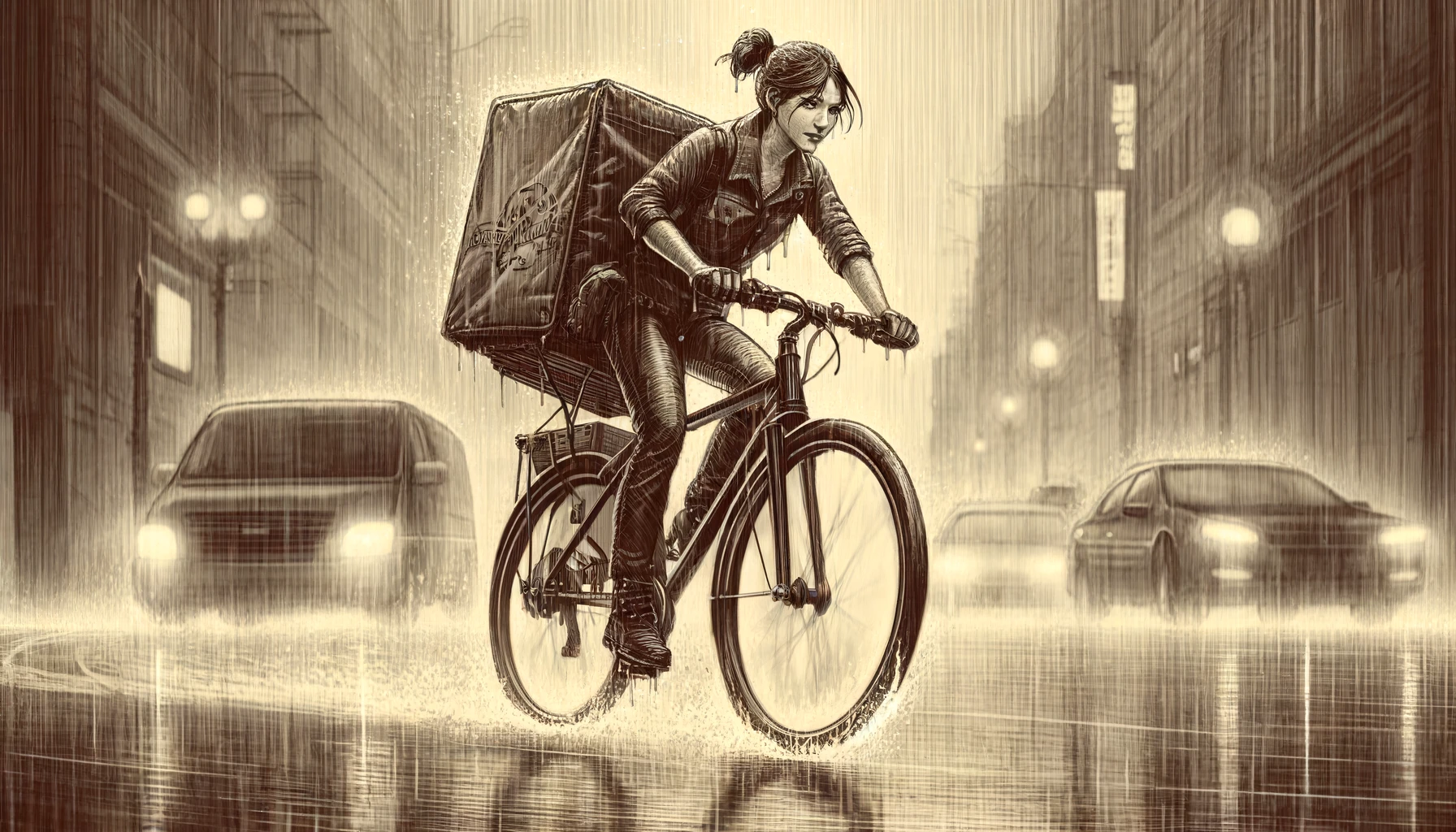 illustration en format large et en teinte sépia représentant une coursier femme en vélo sous la pluie, son visage exprimant la douleur de l'effort.