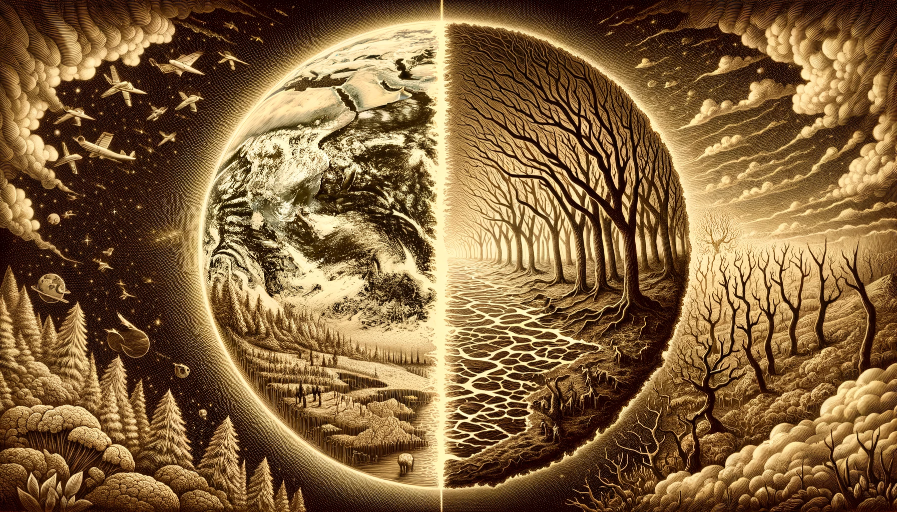 L'image montre un scénario divisé : d'un côté, une Terre luxuriante et vibrante pleine de vie ; de l'autre, une planète surchauffée et désolée avec des arbres morts, des rivières asséchées et des conditions météorologiques extrêmes.