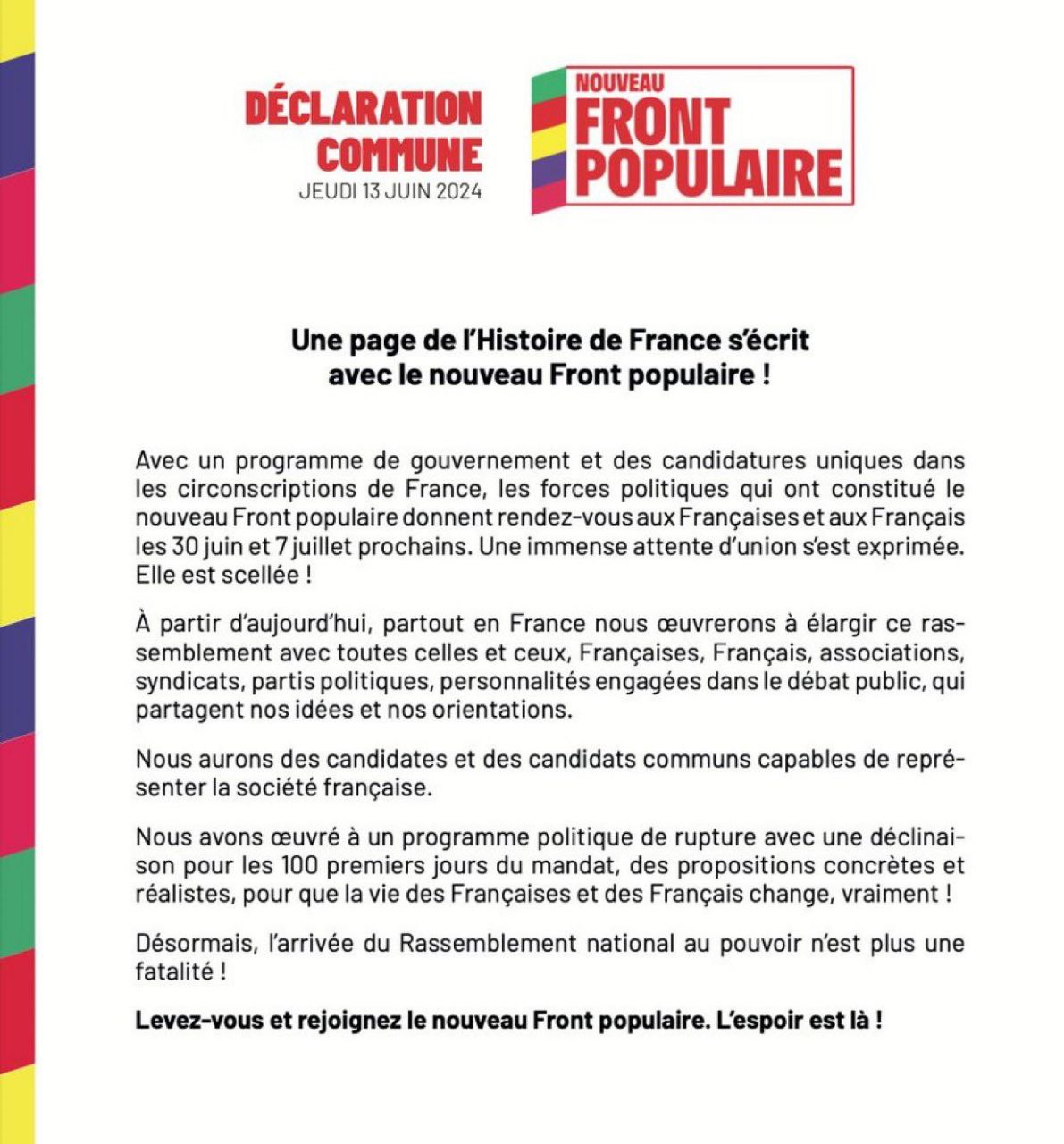 Le nouveau Front populaire annonce avoir trouvé un accord pour les législatives