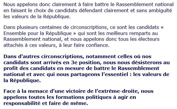 Macron demande à tout ces députés arrivés 3e, de se désister, eu profit du candidat qui peut battre le RN