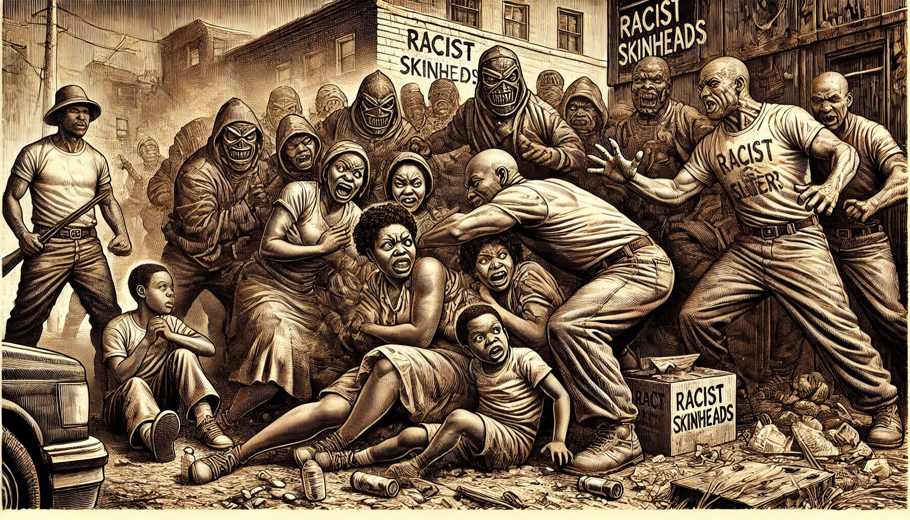 gravure ton sépia représentant un groupe de skinheads racistes entourant un groupe de femmes et d'enfants noirs.