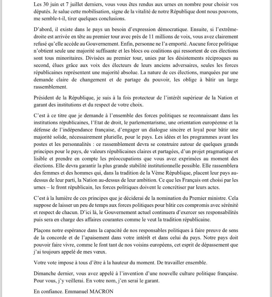 Emmanuel Macron s’est adressé pour la première fois aux Français suite aux législatives, par une lettre :