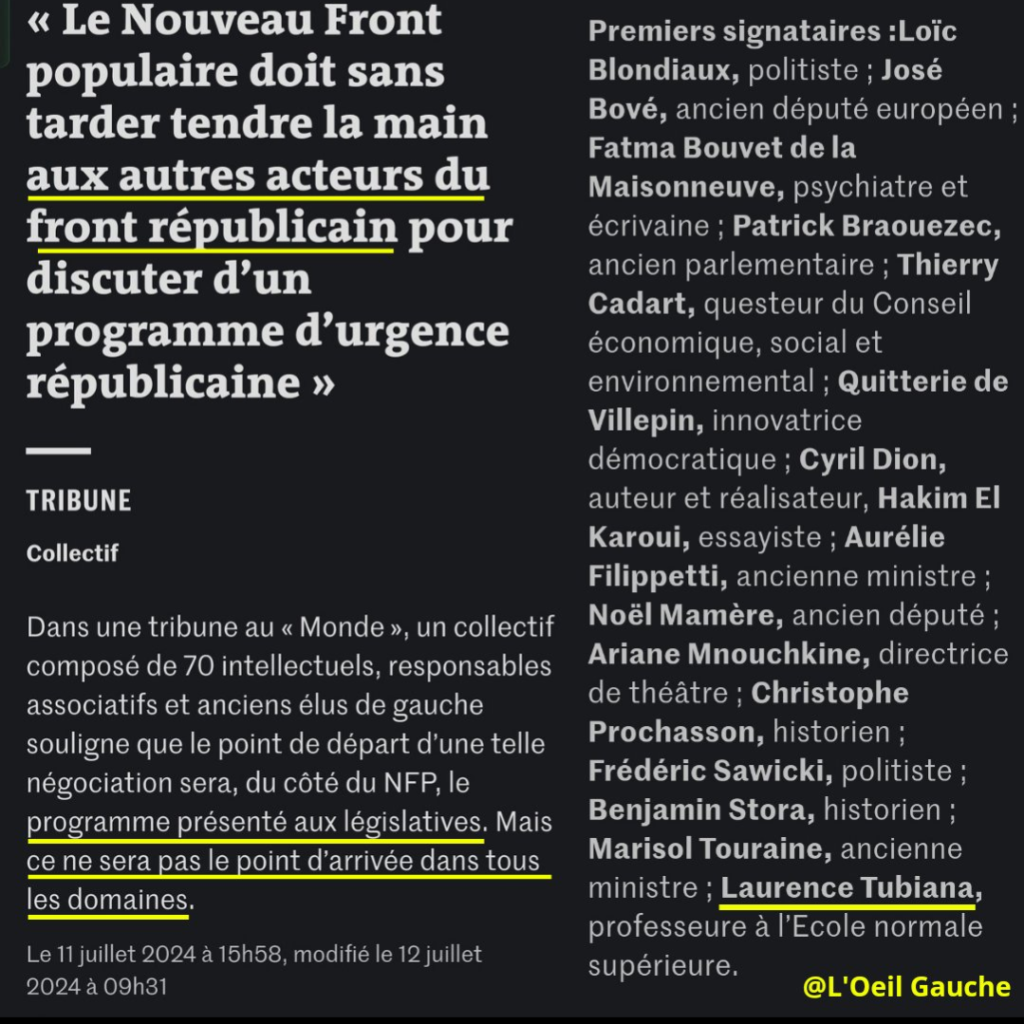 Oh fichtre ! Laurence Tubiana avait signé la tribune pour ouvrir le NFP aux Macronistes et ne pas appliquer son programme.