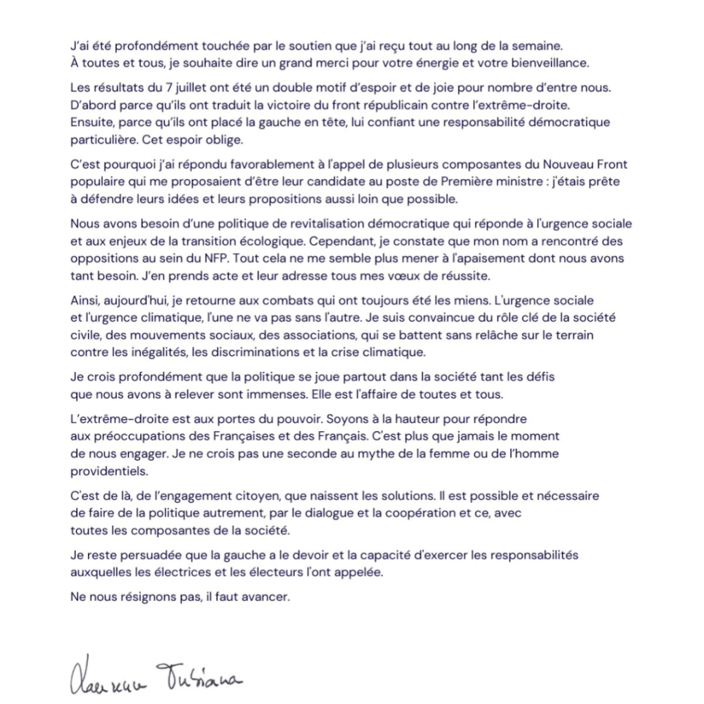Laurence Tubiana renonce à se porter candidate au poste de premier ministre au nom du Nouveau front populaire