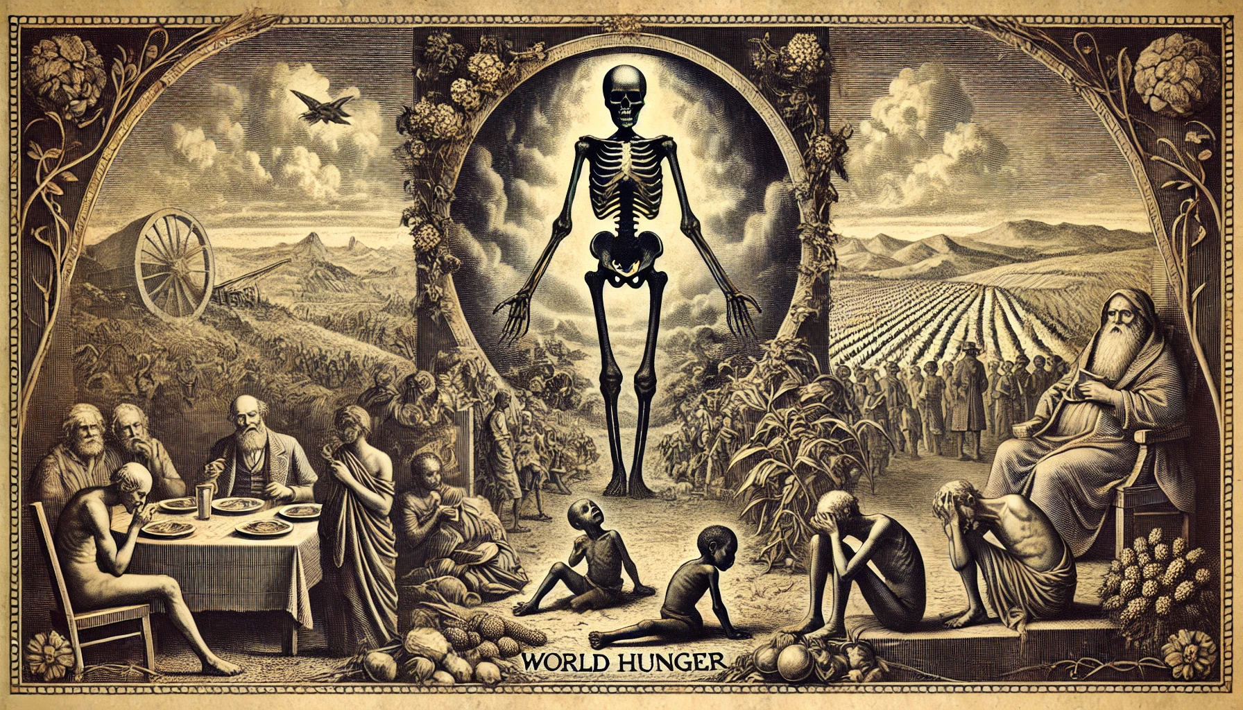 Illustration allégorique en gravure ton sépia représentant la faim dans le monde