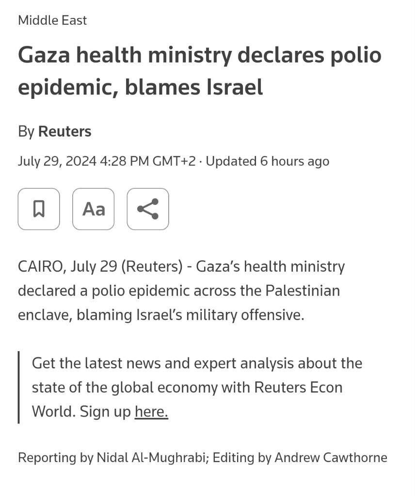 Le Ministère de la santé de Gaza annonce une épidémie de polio et accuse Israël