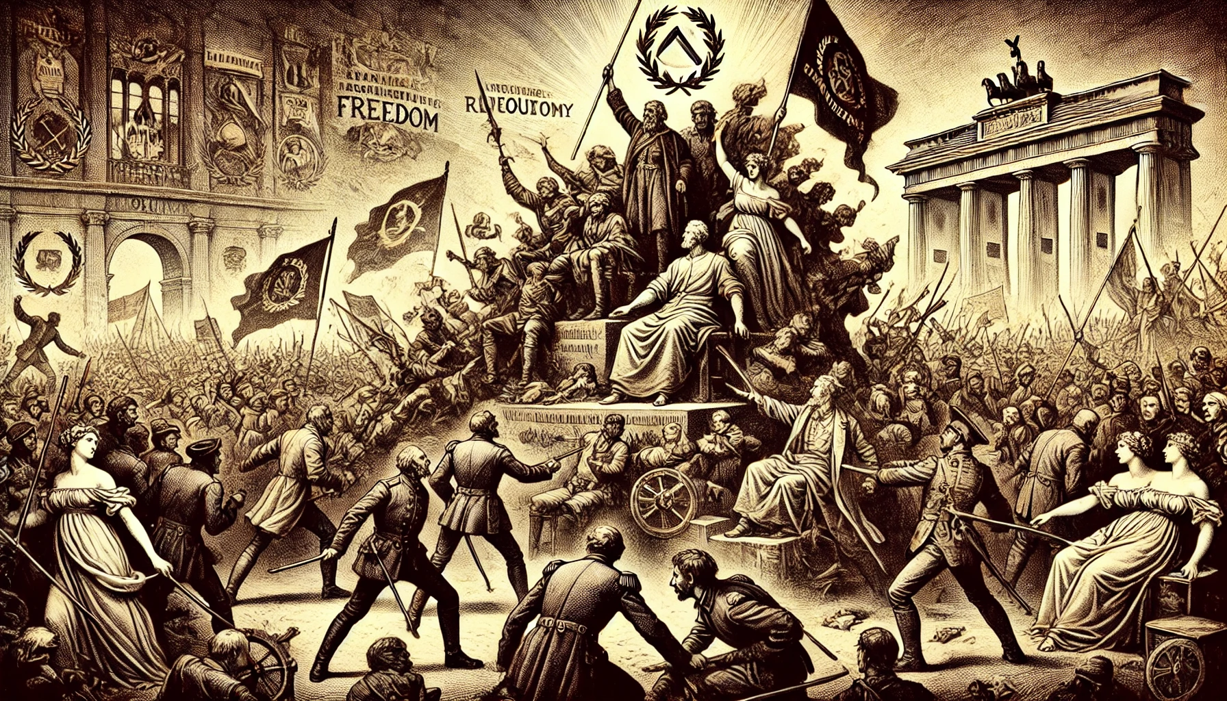 illustration en gravure ton sépia représentant les défis des mouvements révolutionnaires potentiellement devenant de nouvelles autorités.