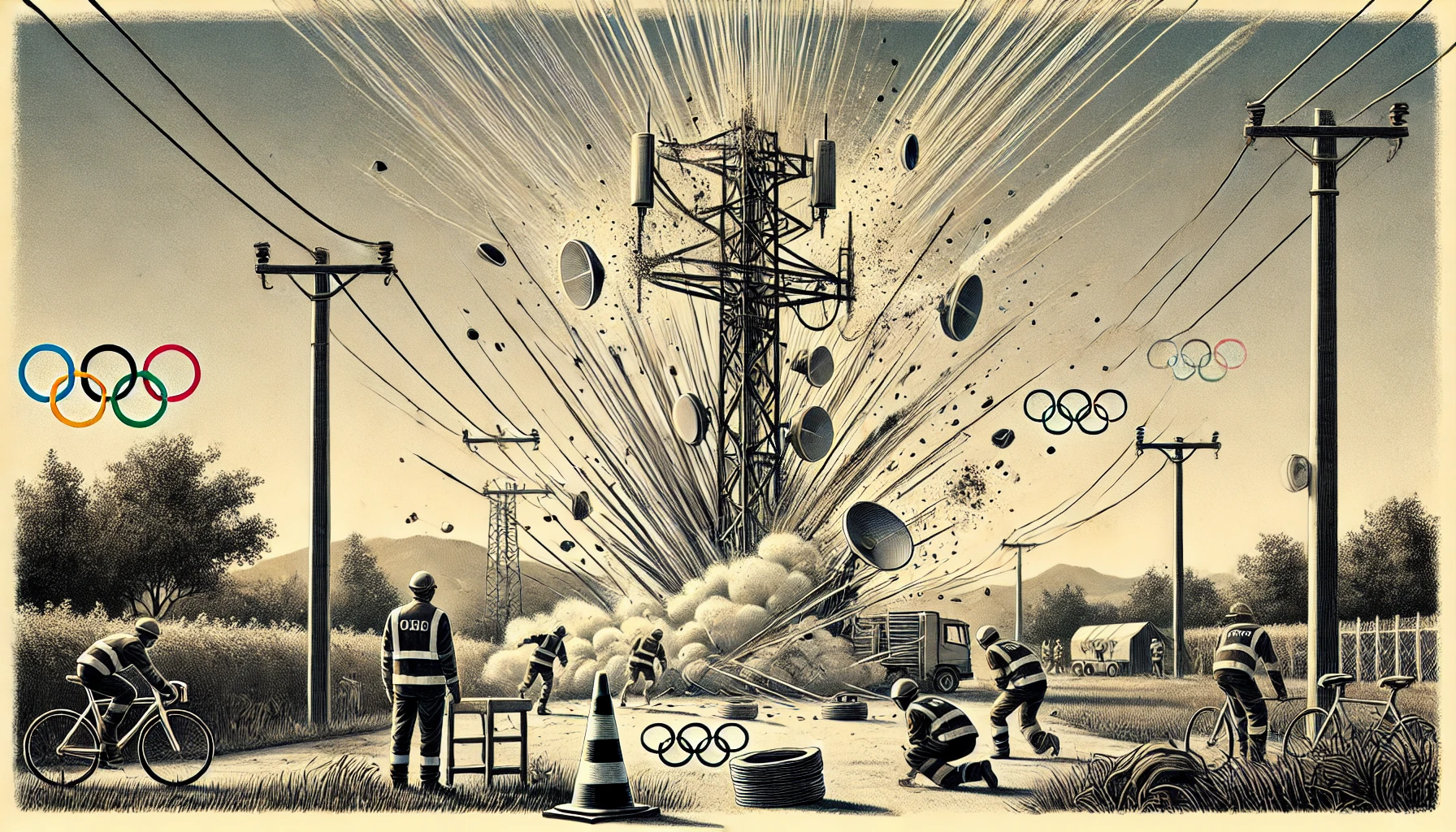 illustration sobre en gravure ton sépia représentant le sabotage du réseau de fibre optique pendant les Jeux Olympiques de Paris 2024