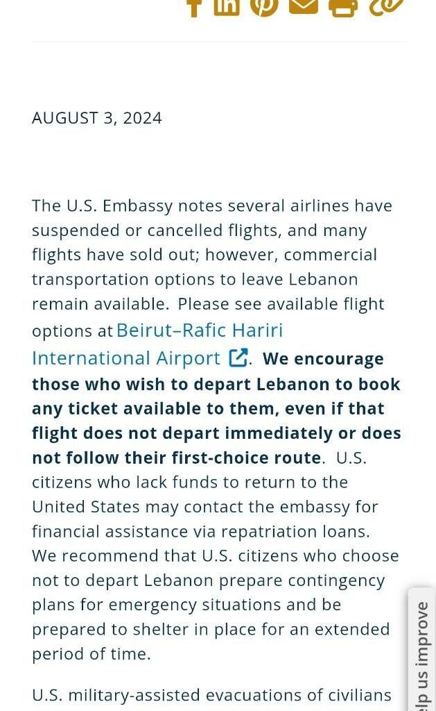 L&rsquo;ambassade américaine à Beyrouth demande à ses ressortissants de quitter immédiatement de Liban par tous les moyens, ou à se préparer à rejoindre des abris pour une longue période.