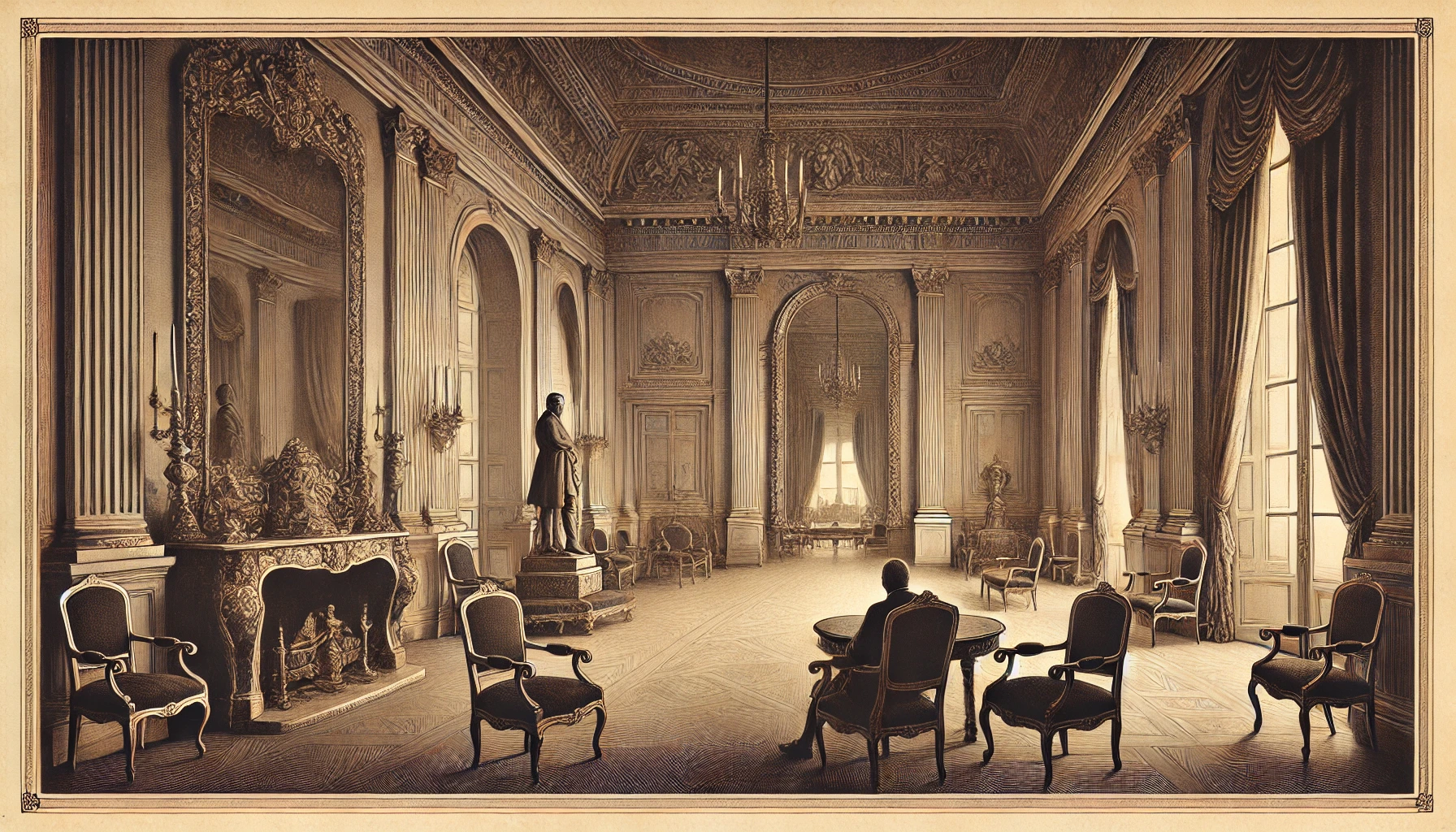 illustration en gravure ton sépia, représentant une scène sobre et élégante dans le décor du Palais de l'Élysée