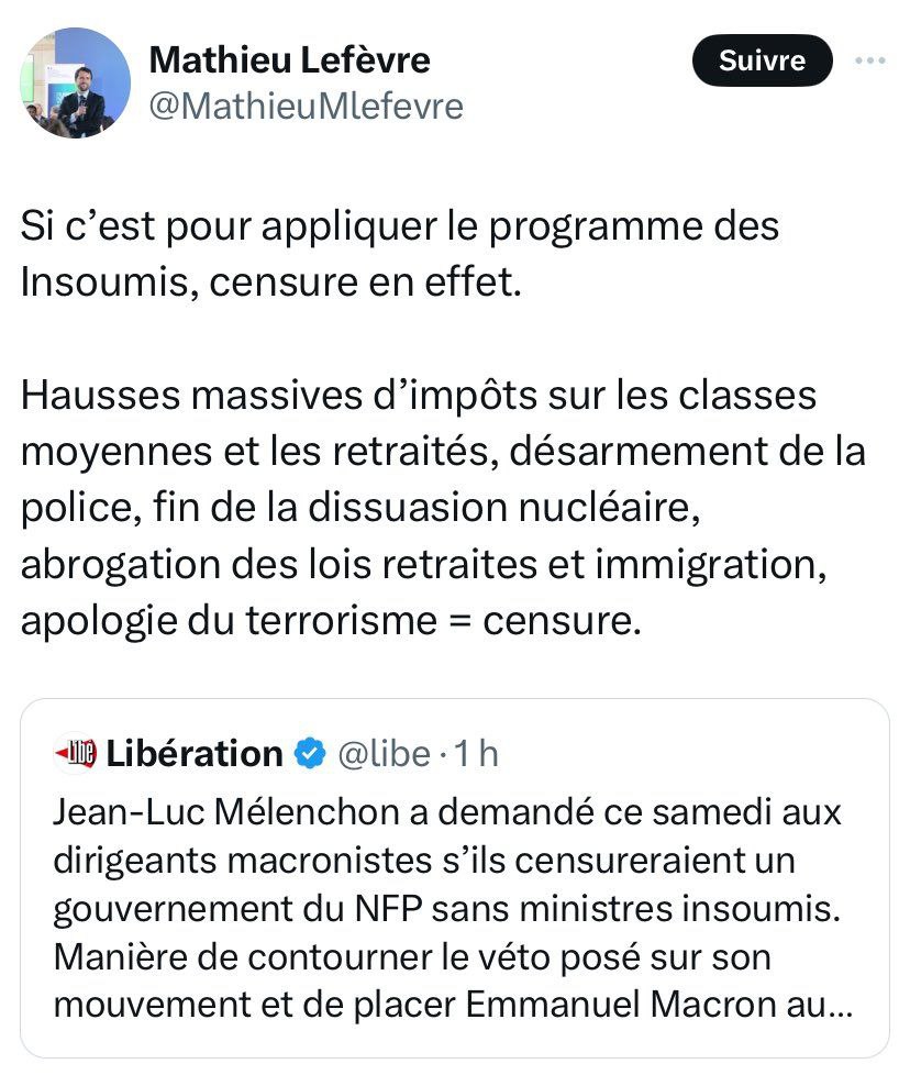 Mathieu Lefevre veut censurer le gouvernement du NFP, qui est arrivé en tête lors des législatives, même si il n&rsquo;y a pas de LFI.