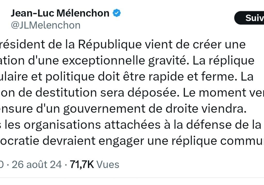 Jean-Luc Mélenchon dénonce « une situation d&rsquo;une exceptionnelle gravité » et menace d&rsquo;une motion de destitution contre Macron