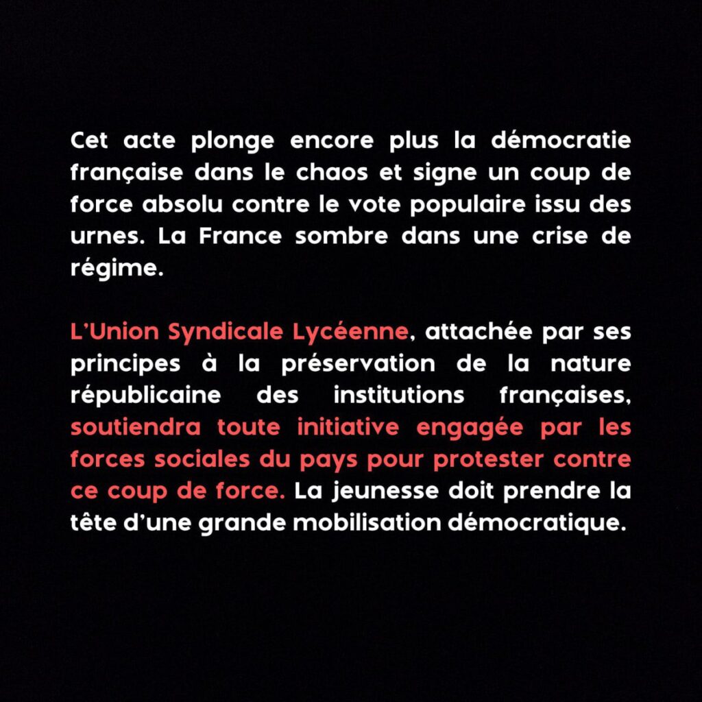 L&rsquo;Union syndicale lycéenne appelle la jeunesse à  » une mobilisation démocratique large contre le coup de force de Macron qui refuse de reconnaître la victoire du NFP »