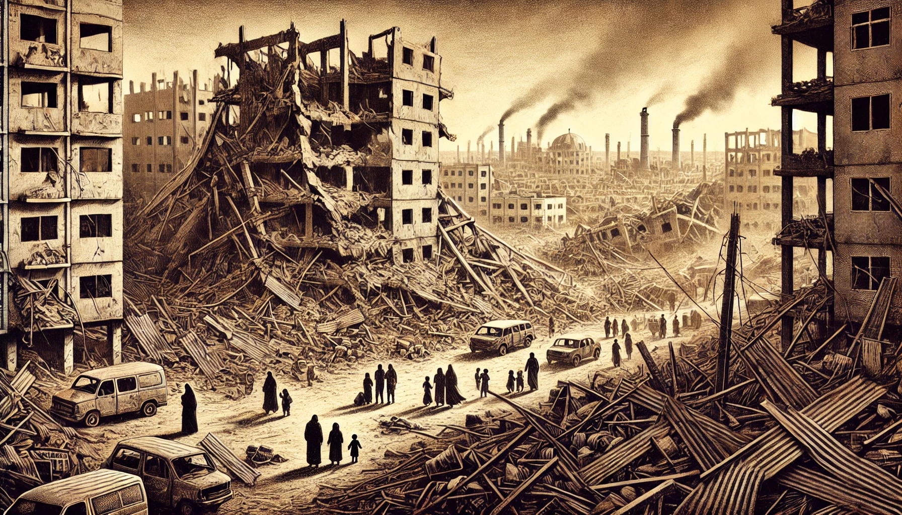 La scène capture la dévastation des bâtiments effondrés et la résilience des habitants qui se déplacent parmi les débris.