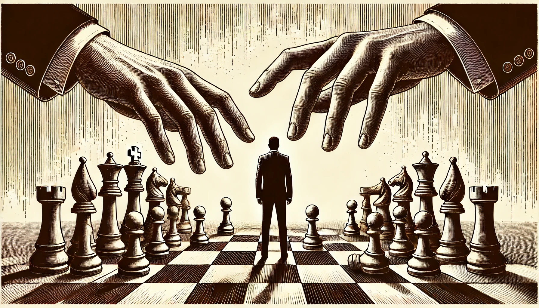 illustration au format large, représentant la manipulation politique avec un personnage sans visage sur un échiquier, symbolisant le contrôle et l'influence dans un style gravure ton sépia