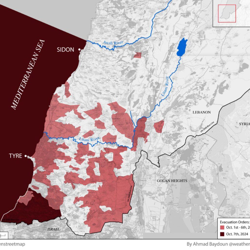 En rouge les différents villages que Tsahal a ordonné d&rsquo;évacuer. La colonisation du sud de la rivière Litanie est sûrement l&rsquo;objectif minimal poursuivie par le gouvernement génocidaire Israëliens