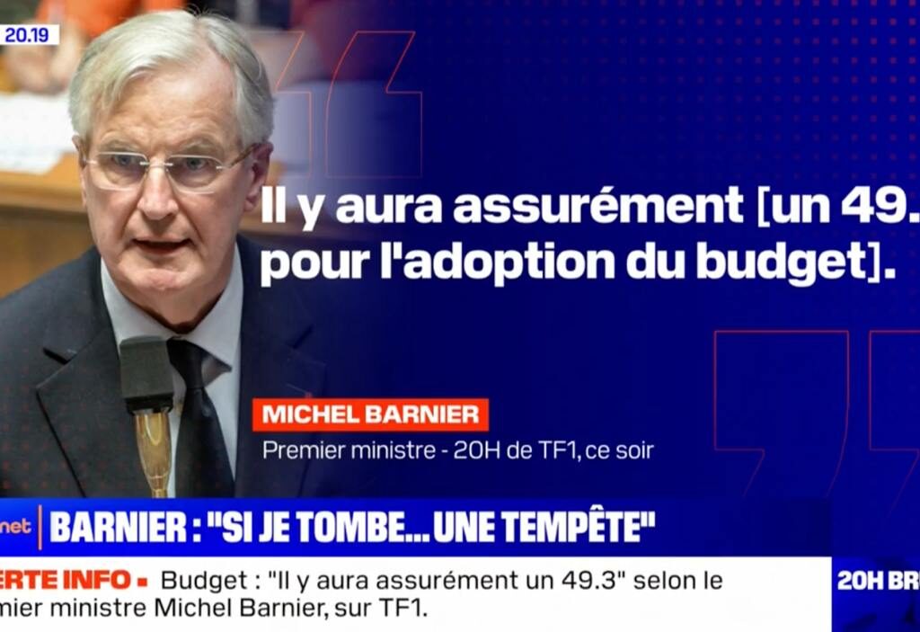 Barnier ce soir au JT de TF1 : « Il y aura assurément [un 49-3 pour l&rsquo;adoption du budget] car il n&rsquo;y a pas de majorité à l&rsquo;assemblée. »
