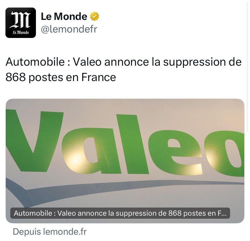 L&rsquo;équipementier automobile Valeo a annoncé la suppression de 868 postes en France. « Un carnage humain », dénonce la CGT.