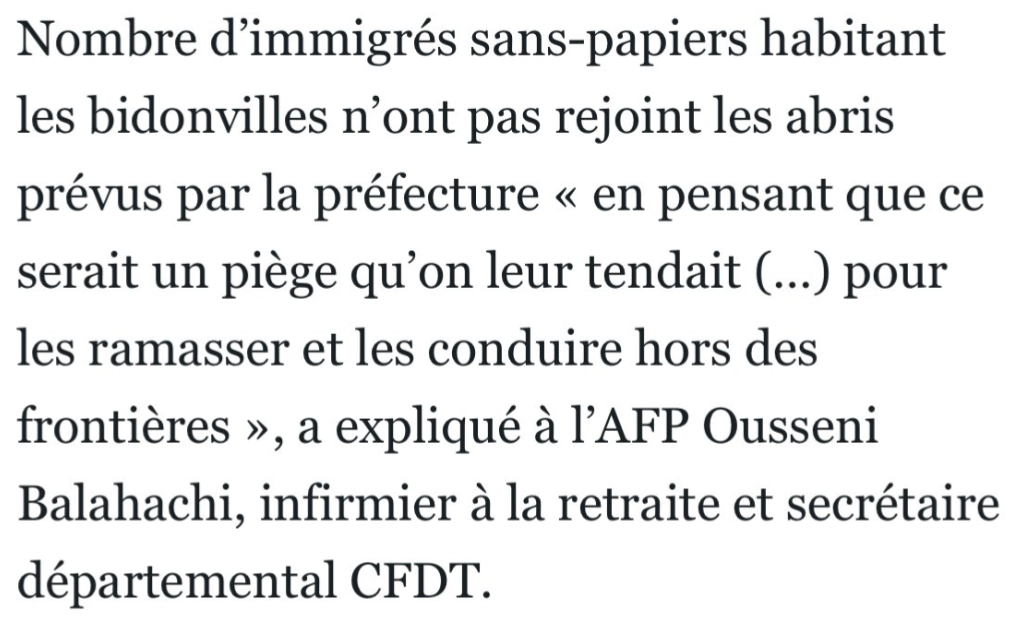 Détail dramatique rapporté à l&rsquo;AFP à propos du cyclone Chido à Mayotte : de nombreuses personnes sans papiers, peuplant les bidonvilles, n&rsquo;auraient pas rejoints les abris ouverts par la préfecture de peur qu&rsquo;il s&rsquo;agisse d&rsquo;une ruse pour les expulser