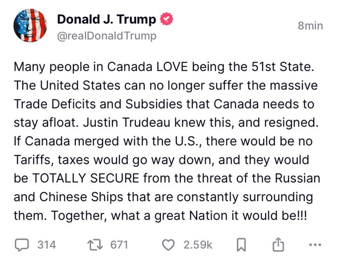 Suite à la démission officielle du Premier ministre canadien Justin Trudeau, Donald Trump, sur son RS, suggère que le Canada rejoigne les États-Unis en tant que 51e État, affirmant que cela résoudrait de nombreux problèmes.