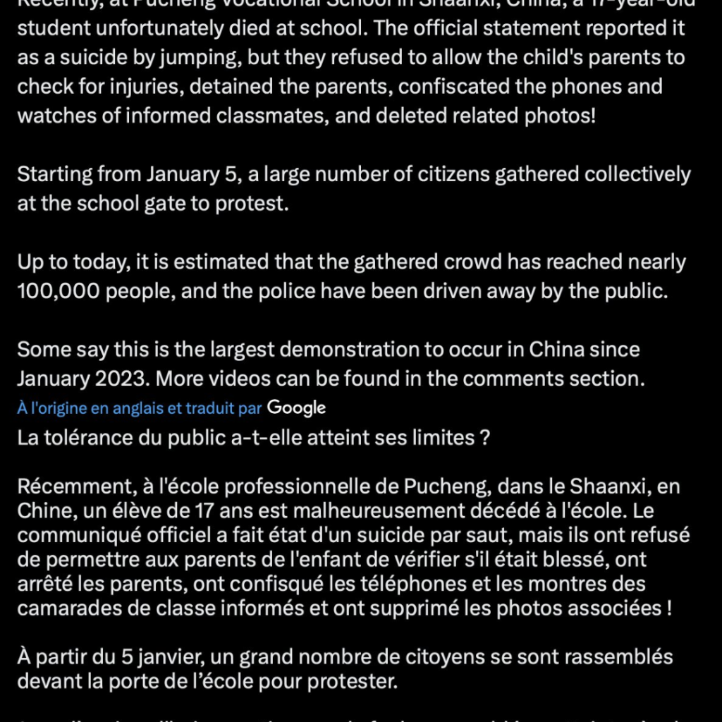 Chine: Des milliers de personnes ont protesté devant le lycée de Pucheng après que la famille d’un élève récemment décédé ait été victime d’intimidation