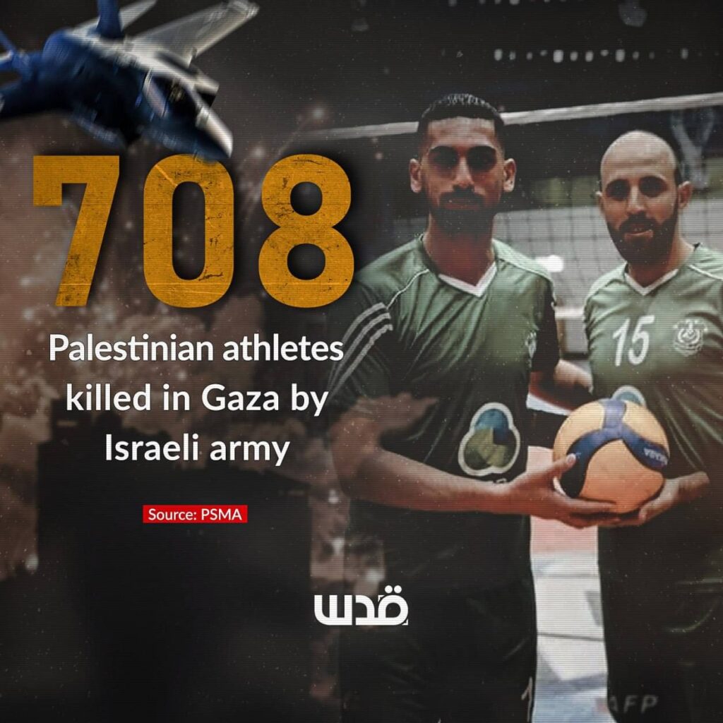 L&rsquo;Association palestinienne des médias sportifs a rapporté que l&rsquo;occupation israélienne a tué 708 athlètes, dont 369 footballer, 105  scoutes et 234 athlètes de diverses fédérations sportives, dans la bande de Gaza depuis le 7 octobre.