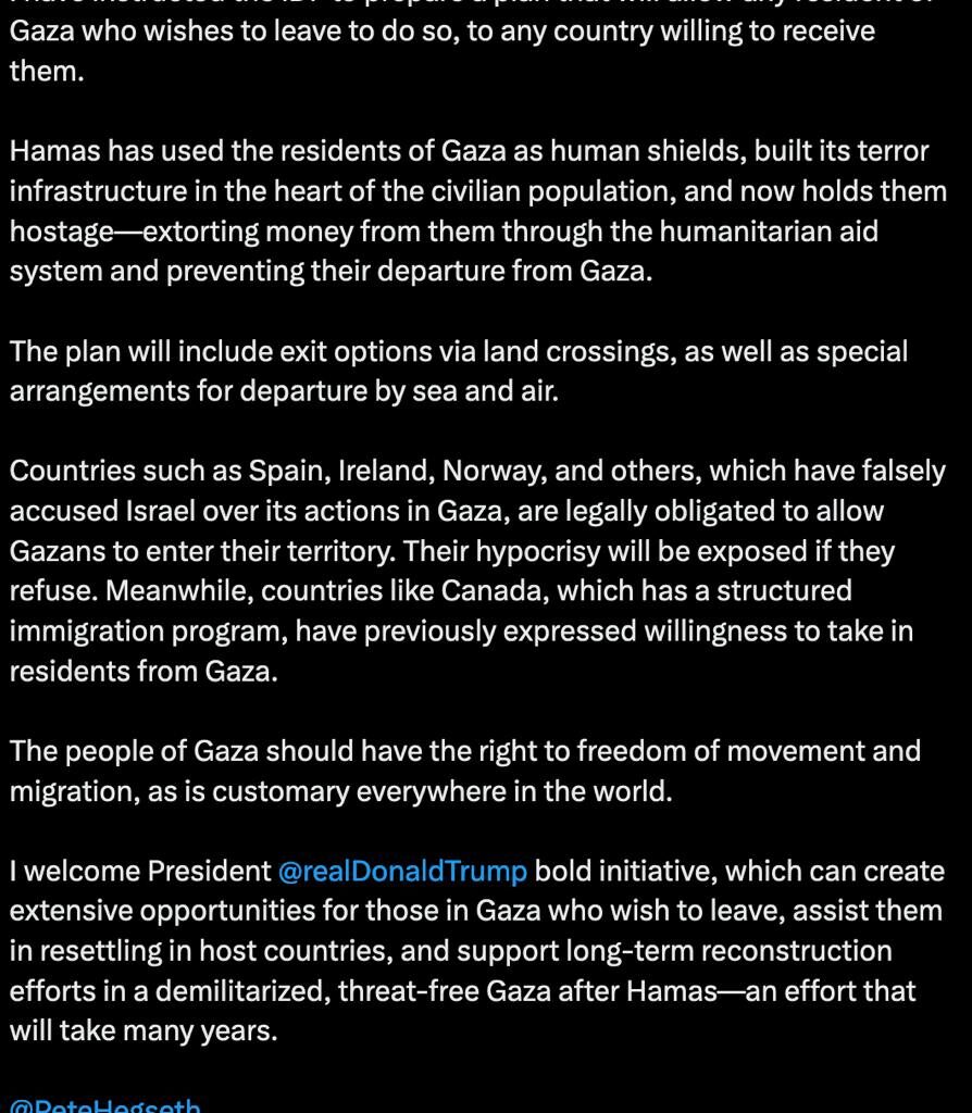 Le gouvernement israélien prépare son armée pour chasser les Palestiniens de Gaza. Ces plans ont été rendus publics après des rencontres entre Trump et Netanyahu. Trump a apporté toute sa contribution au nettoyage ethnique de Gaza.
