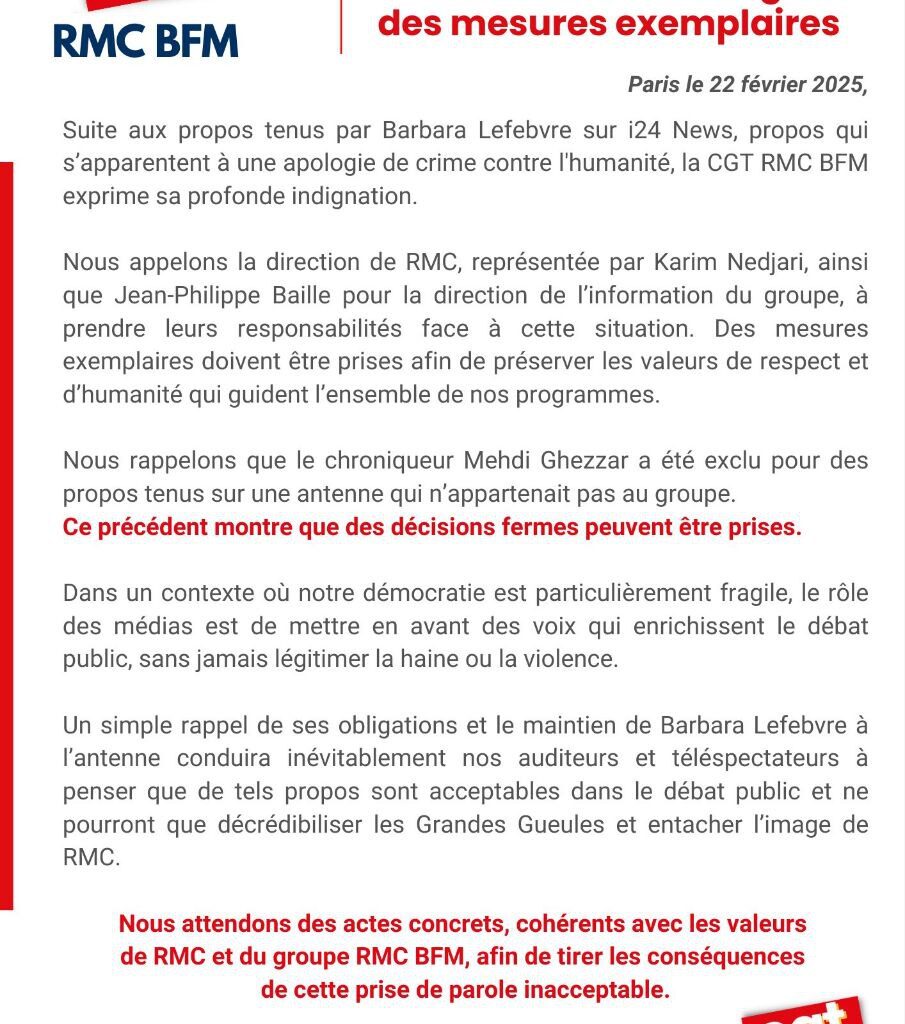 La CGT RMC-BFM appelle sa direction à des mesures exemplaires après l’apologie de crime contre l’humanité de Barbara Lefebvre.
