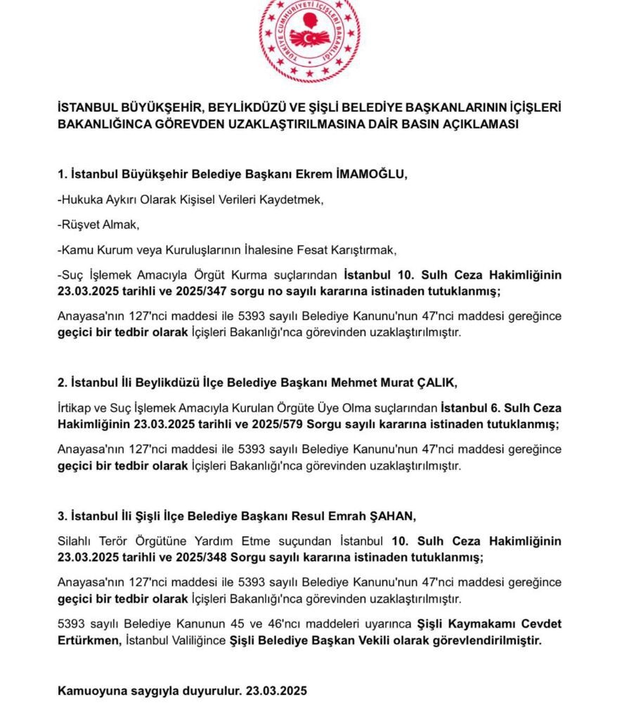 Les maires de la métropole d&rsquo;Istanbul, de Beylikdüzü et de Şişli ont été suspendus par le ministère de l&rsquo;Intérieur turc.