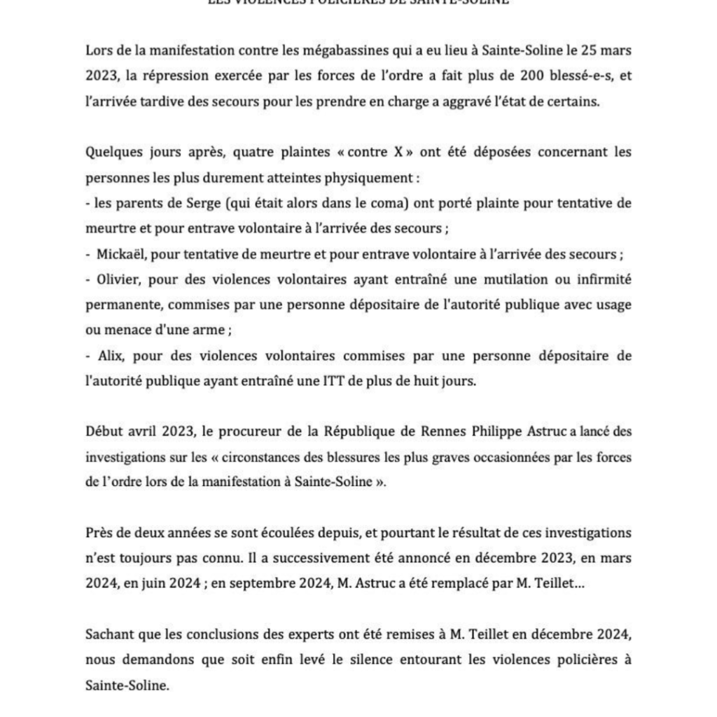 Nous ne laisserons pas le silence recouvrir les violences policières de Sainte-Soline: Communiqué des parents de Serge, Mickaël, Olivier, Alix, le 19 mars 2025.