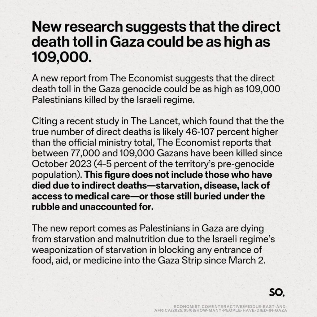 Selon The Lancet et The Economist, entre 77 000 et 109 000 palestiniens de Gaza ont été tué depuis Octobre 2023 par l&rsquo;armée israélienne.