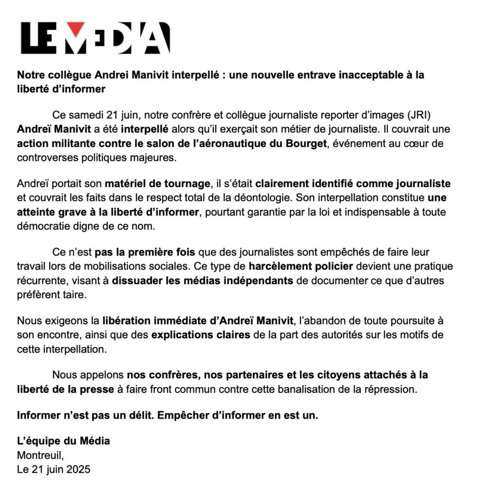 Garde à vue pour un journaliste du Média