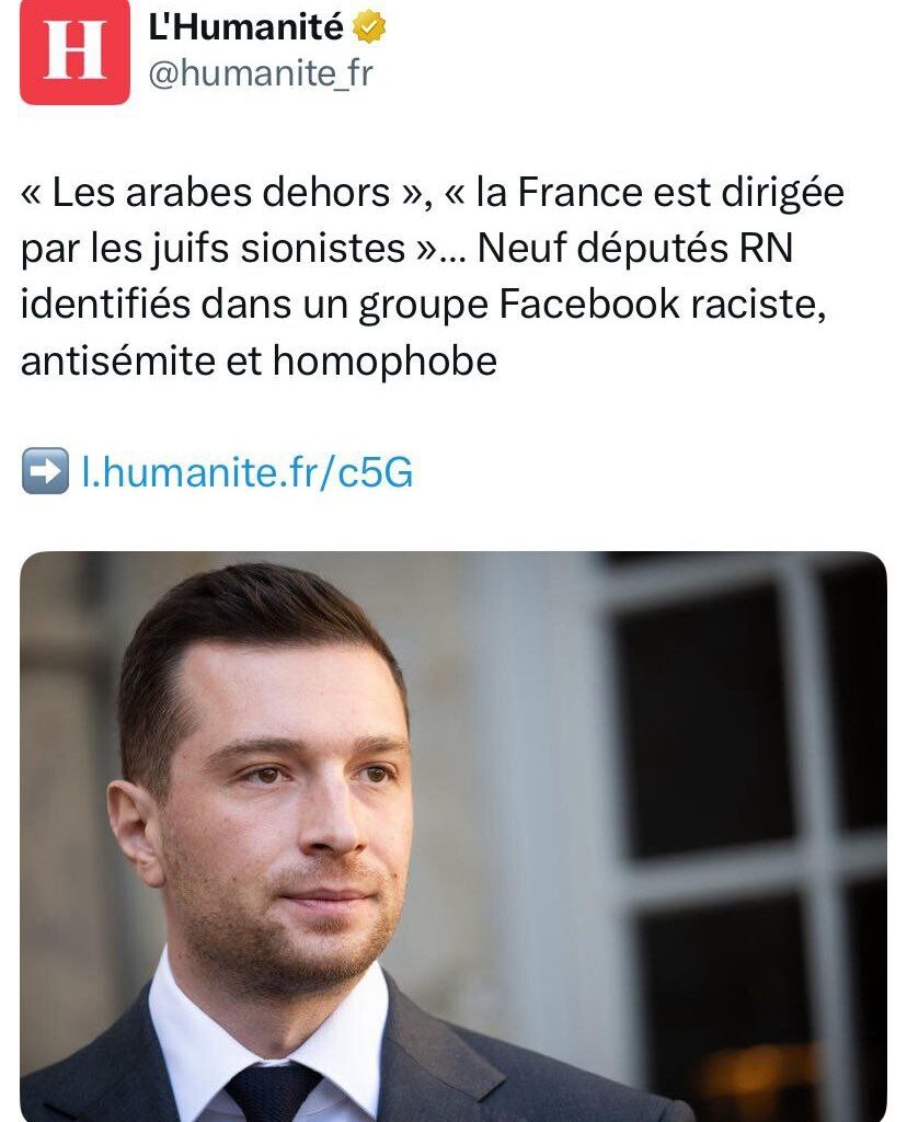 9 députés du RN seraient membres d&rsquo;un groupe Facebook privé, intitulé « La France avec Jordan Bardella », dans lequel, sont relayés des propos racistes, antisémites, homophobes, islamophobes et des appels au meurtre.