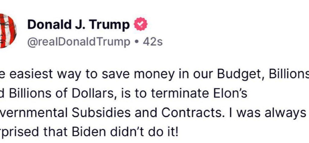 Trump affirme que le  » moyen le plus simple  » d&rsquo;économiser de l&rsquo;argent est de mettre fin aux subventions et aux contrats d&rsquo;Elon Musk. L&rsquo;action Tesla chute de plus de 15 %.