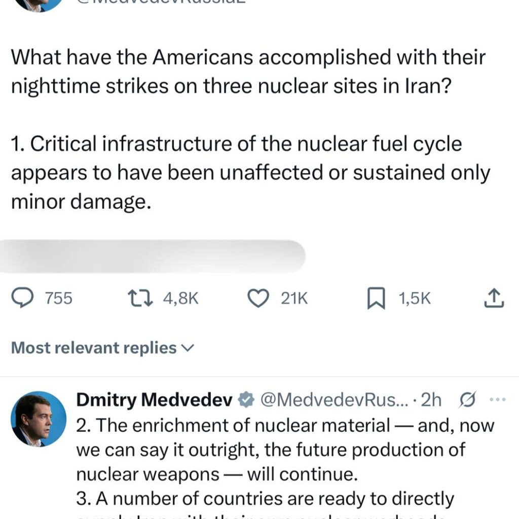 Le BHL russe, Dmitri Medvedev :  » Un certain nombre de pays sont prêts à fournir directement à l&rsquo;Iran leurs propres ogives nucléaires « . De son côté le roi des entartés remercie chaleureusement Trump.